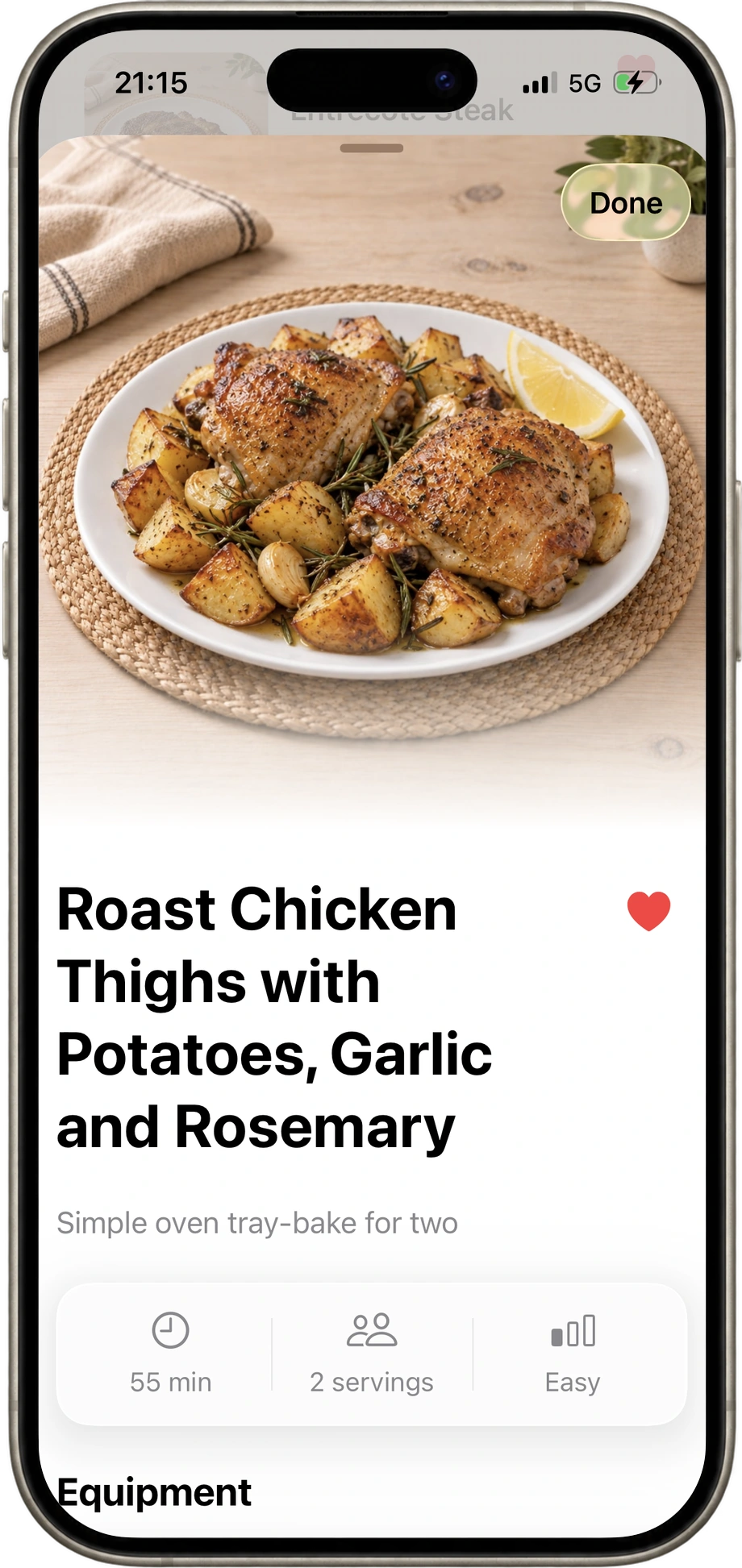SayDish Recipe Detail: roast chicken thighs with potatoes, garlic and rosemary; 55 minutes, 2 servings, easy.
