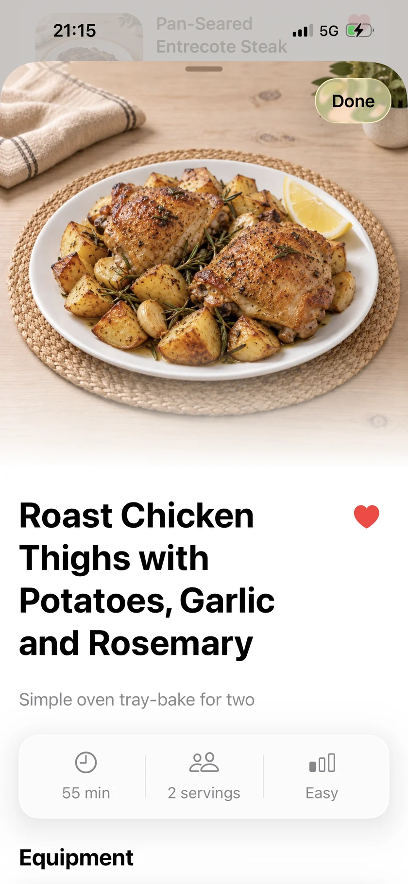 SayDish Recipe Detail: roast chicken thighs with potatoes, garlic and rosemary; 55 minutes, 2 servings, easy.