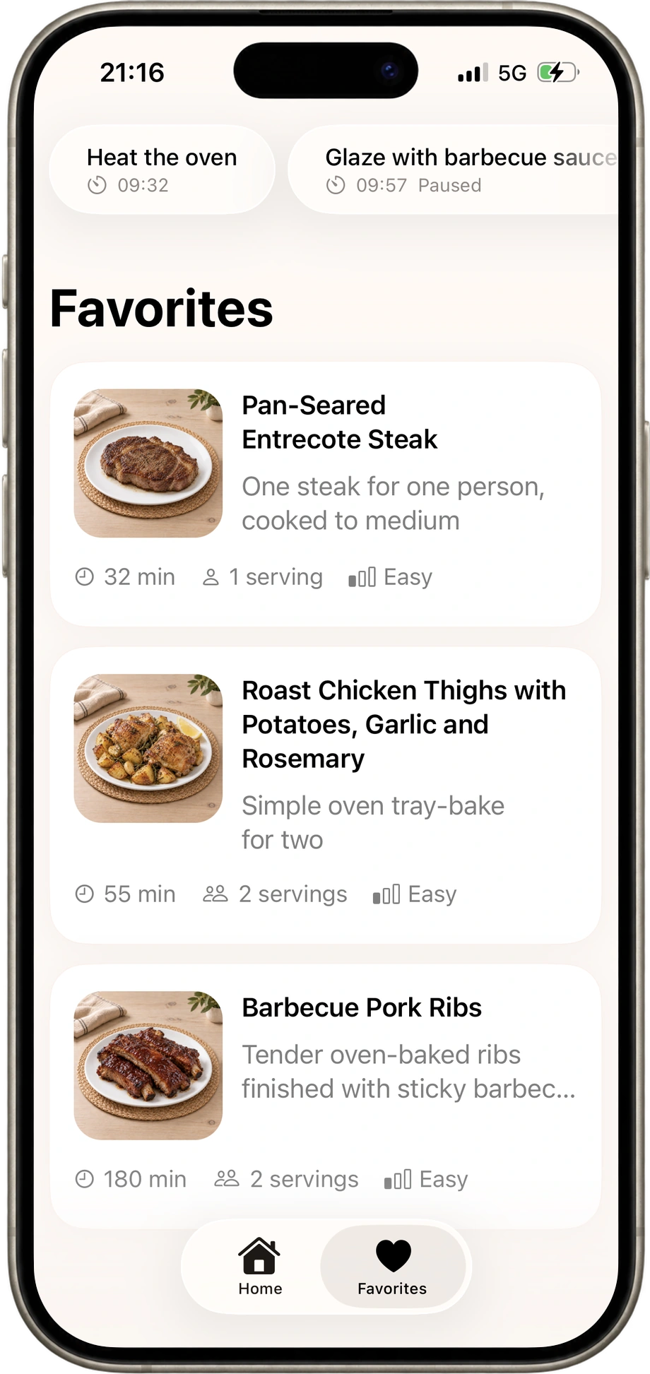 Actual SayDish Favorites showing saved steak, roast chicken and barbecue pork rib recipes.