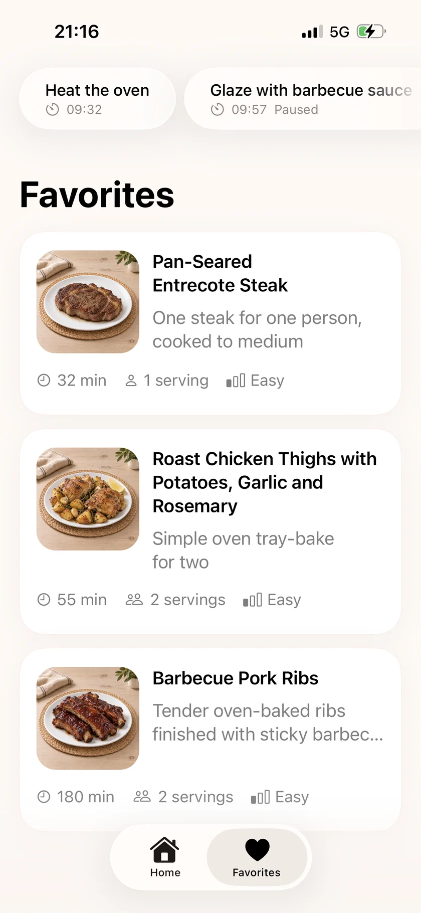 SayDish Favorites with saved steak, roast chicken, and barbecue pork rib recipes.