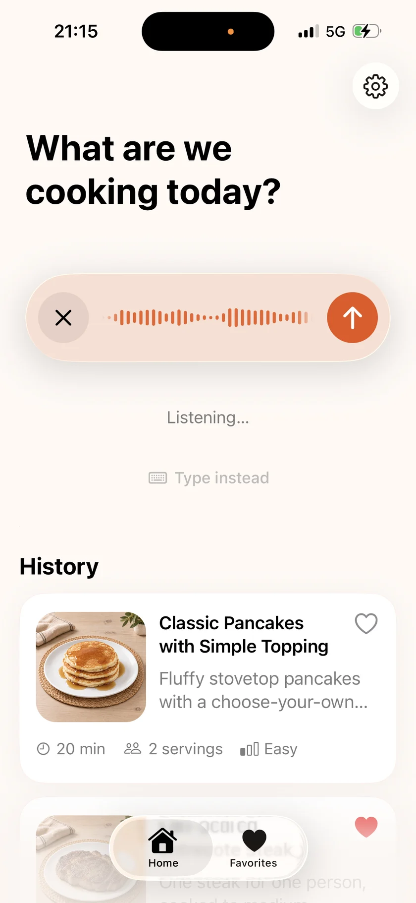 SayDish Home with voice input, a Type instead option, and recipe history.