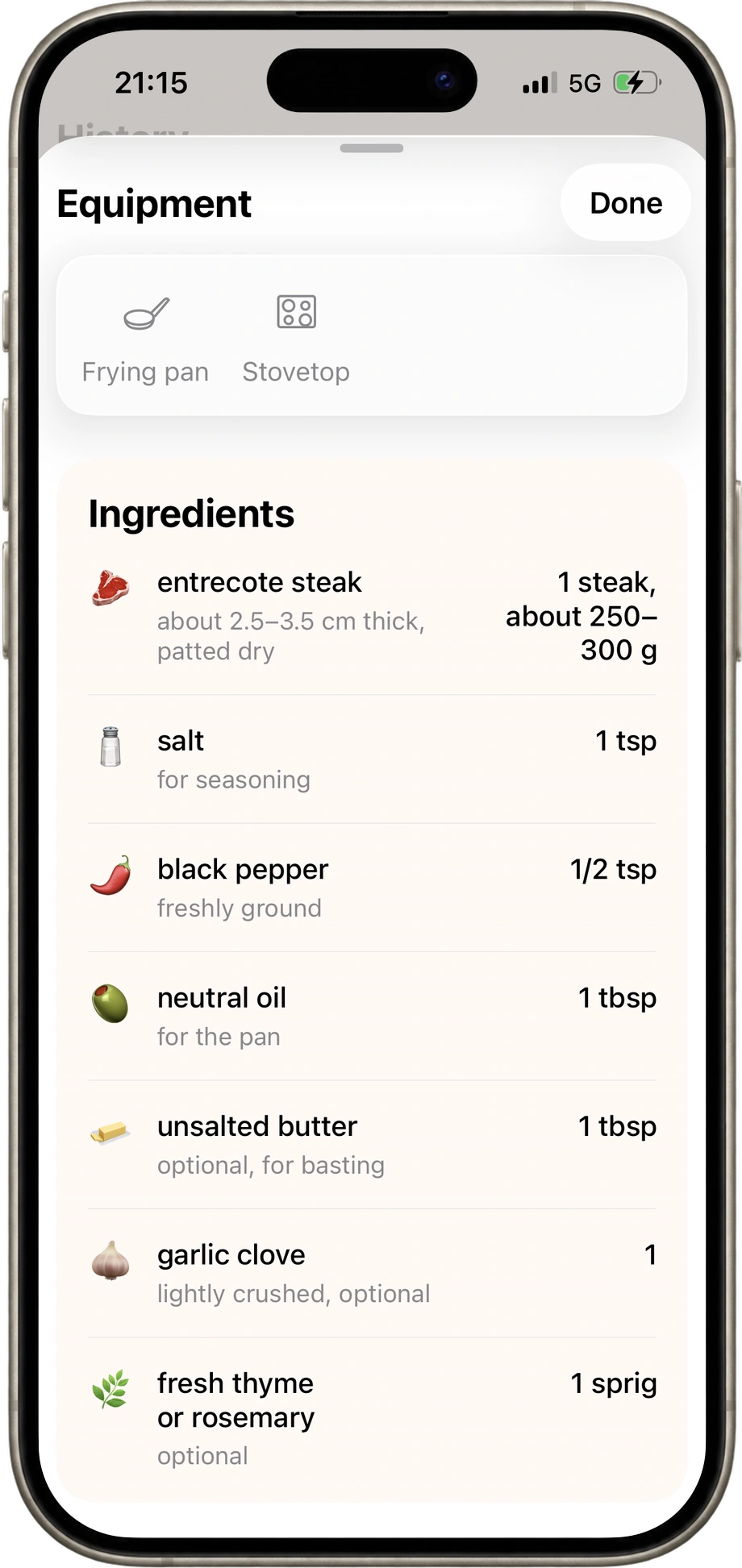 Actual SayDish recipe ingredient list with amounts and preparation notes.